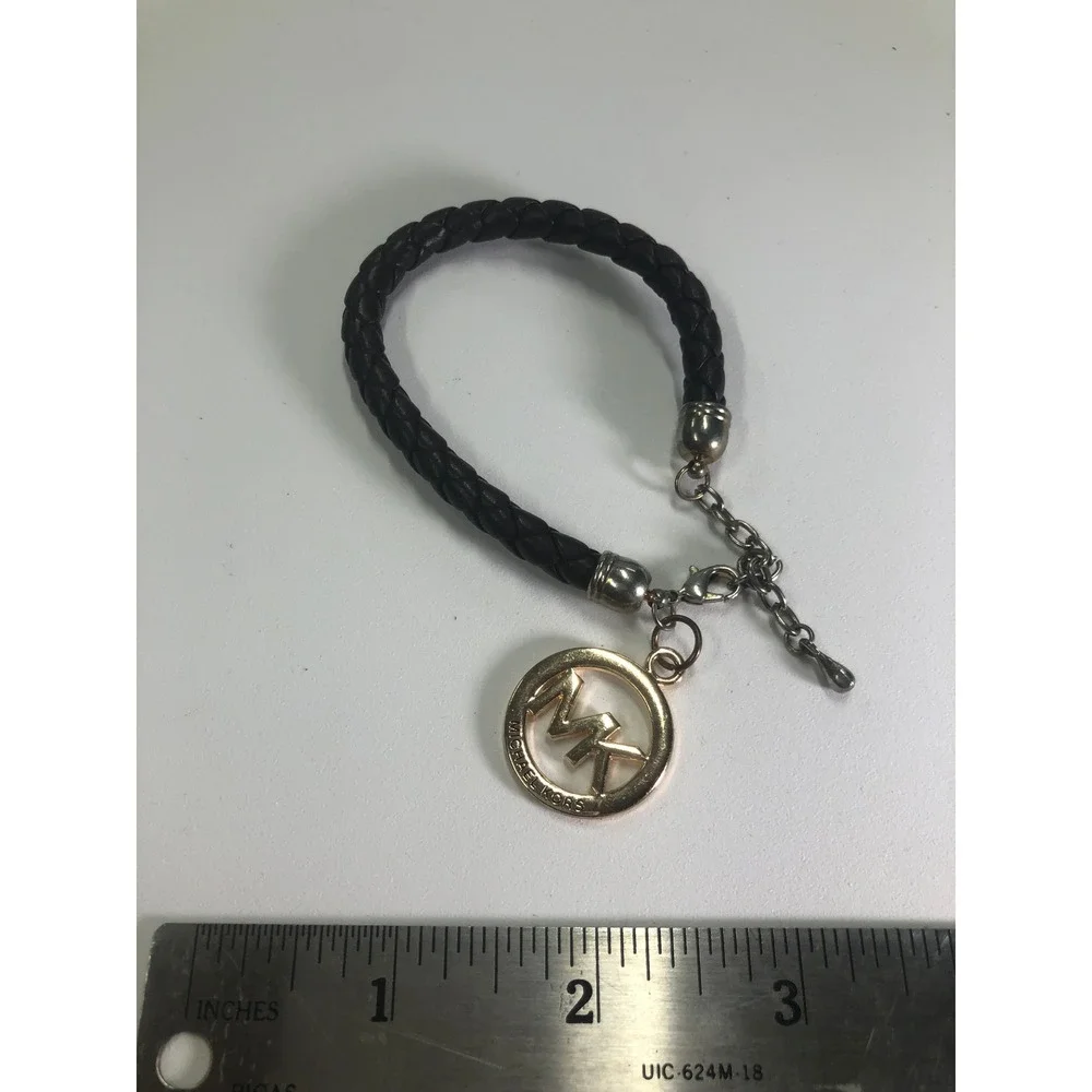 Michael Kors Black Braided Leather MK Logo Charm Bracelet Gold Silver Tone